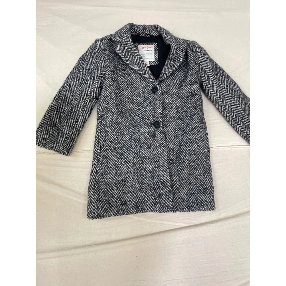 Cat & Jack Girls XS Black White Herringbone Pea Coat Jacket Two Button